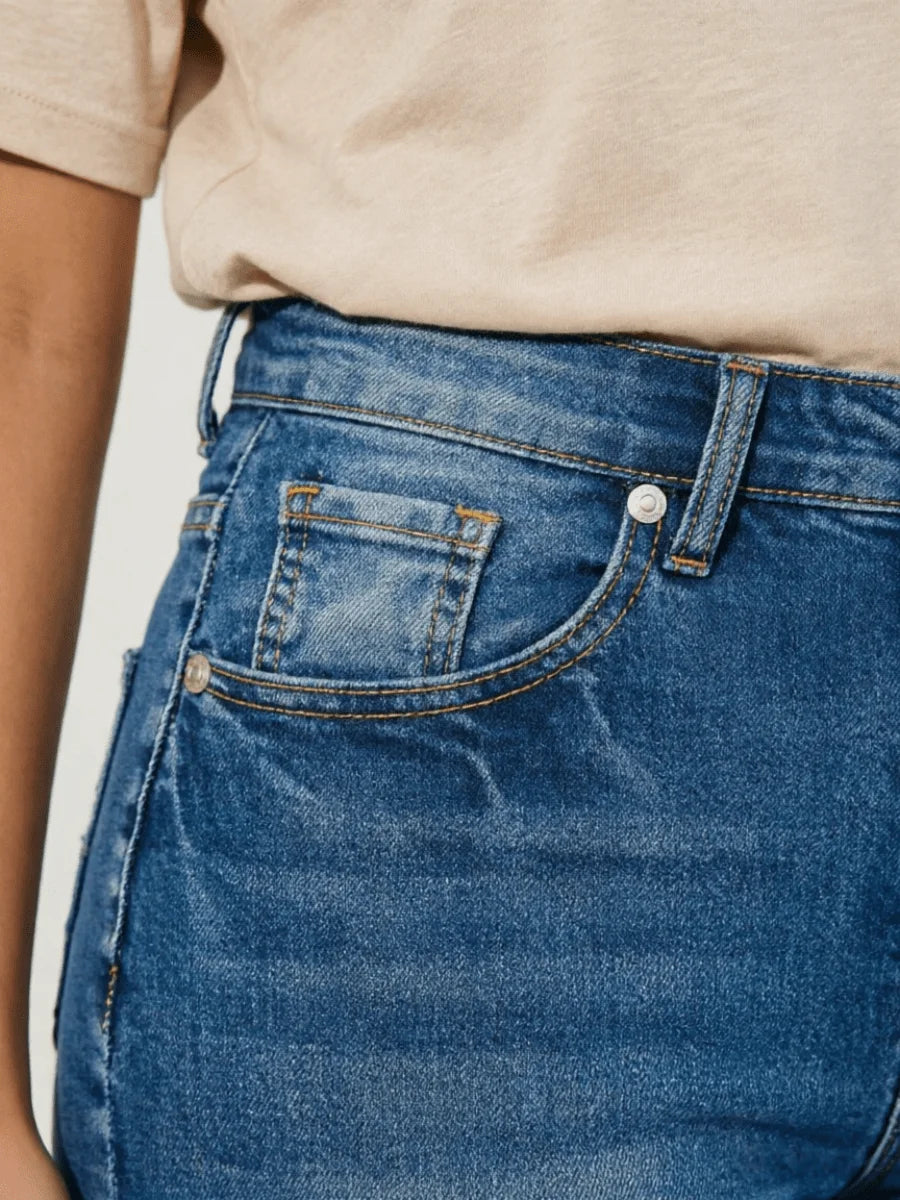 Womens Denim Bermuda Shorts With Button Fly And Pockets