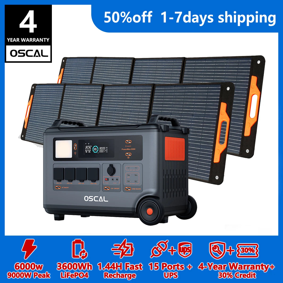 OSCAL PowerMax 6000W Whole Home Solar Generator 3600Wh LiFePO4