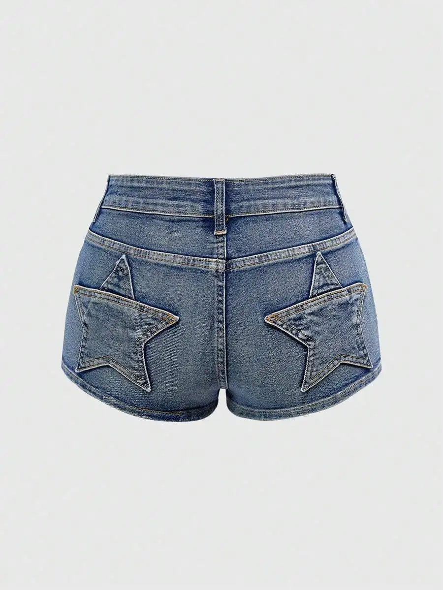 Punk Style Star Pocket Denim Super Mini Shorts Slim Fit