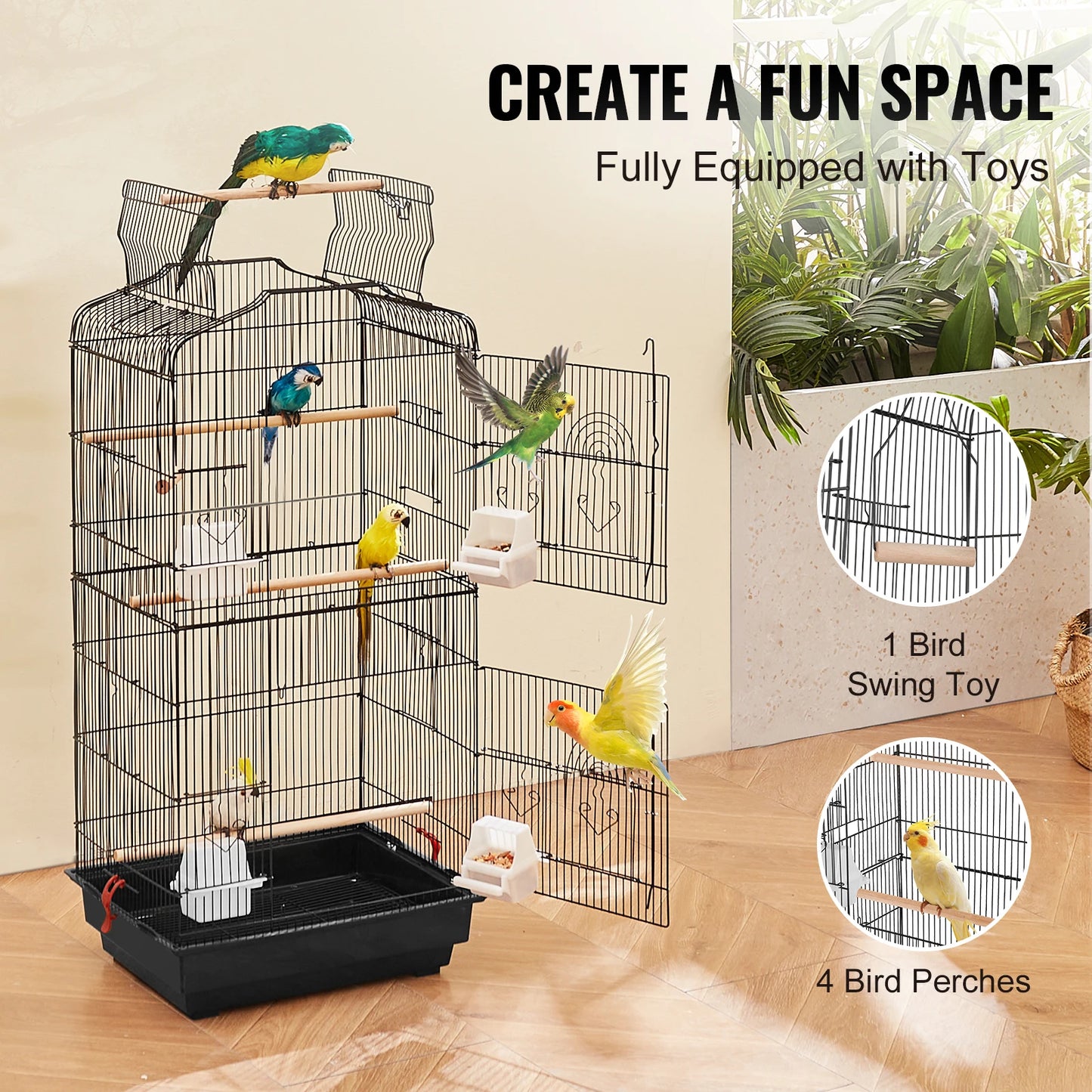 SucceBuy Open Top Hanging Bird Cage With Swing And Perch