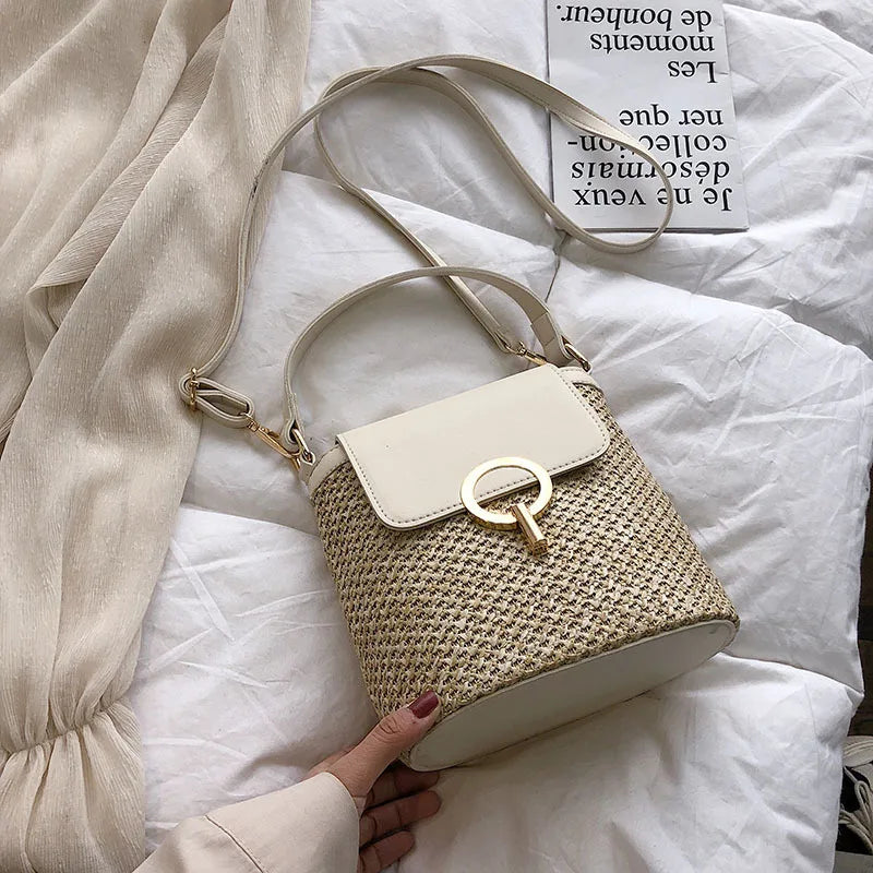 Beach Lady Straw Bucket Bag For Women Travel Purse