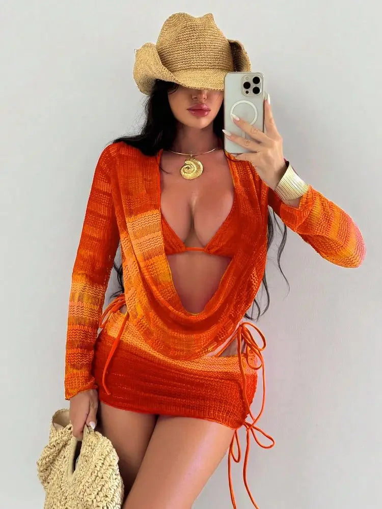 Striped Mesh Knit 3 Piece Swimsuit Coverup Set Draped Top