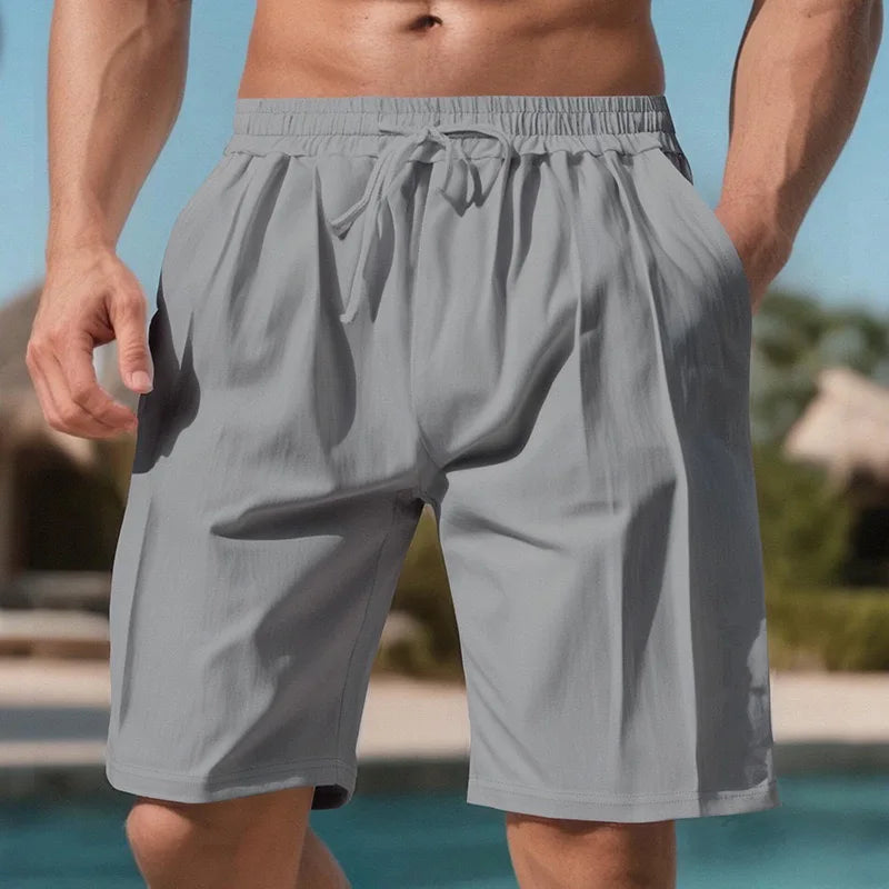 Men Quick Dry Linen Beach Shorts With Drawstring Waist Pockets