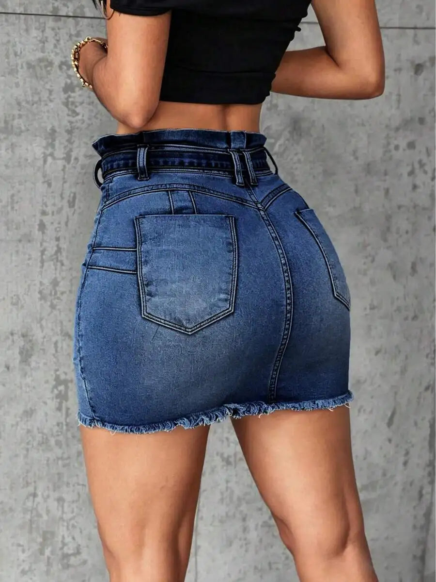 High Waisted Paper Bag Denim Skirt With Button Front