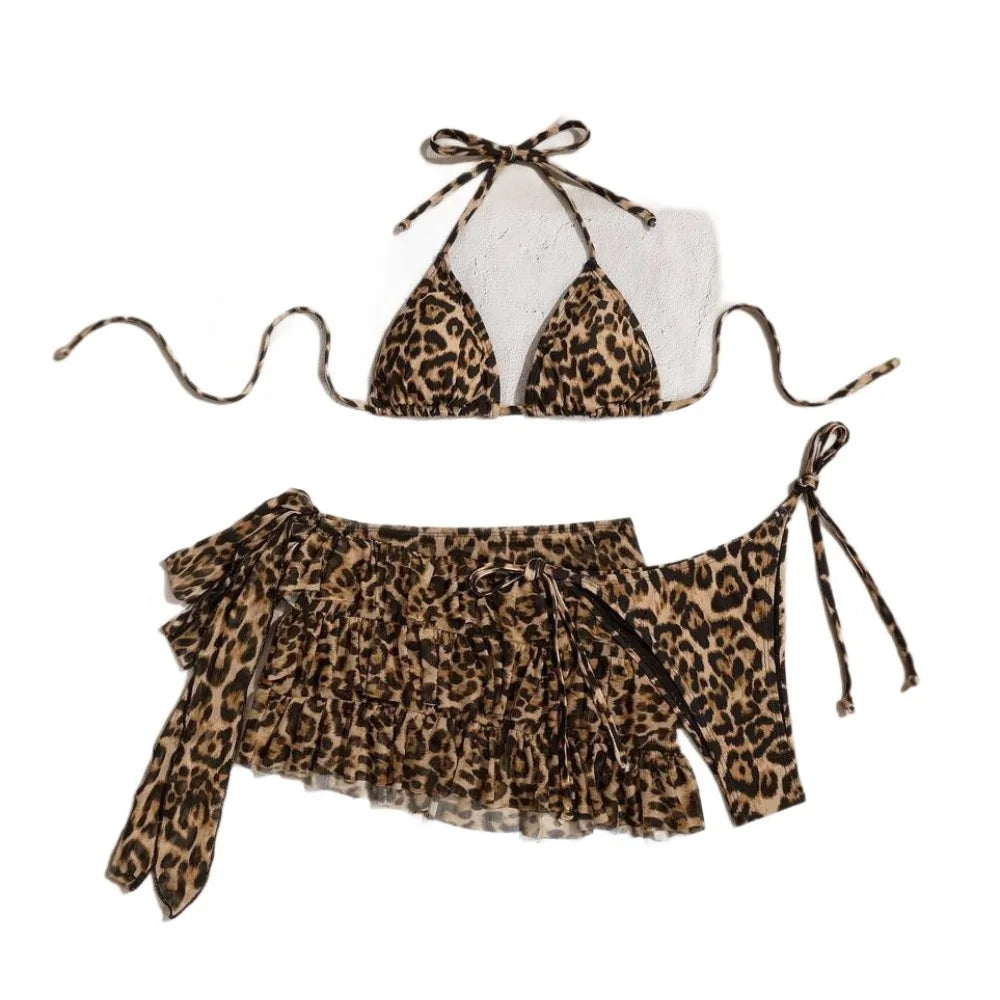 Leopard Print 3-Piece Bikini Set For Women Beach Swimwear