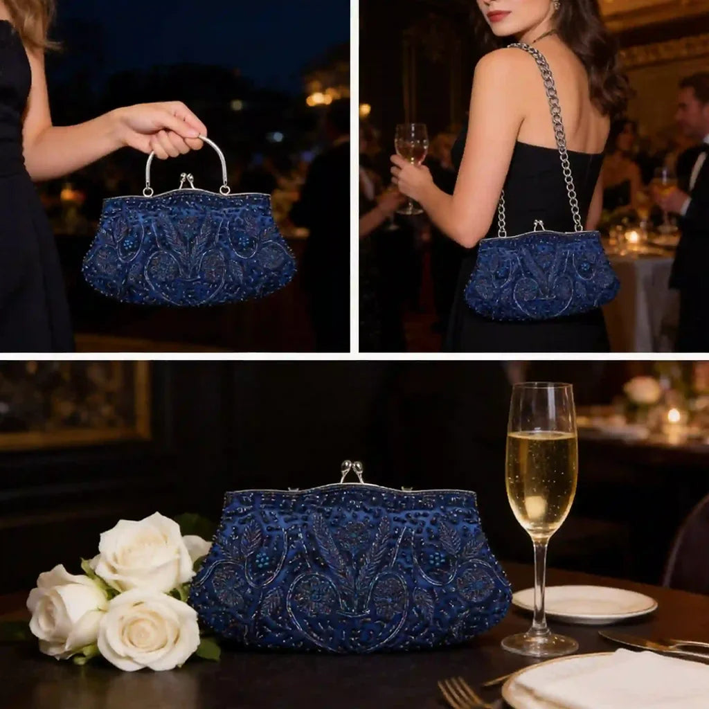 Handmade Beaded Evening Clutch Bag With Kiss Lock And Strap
