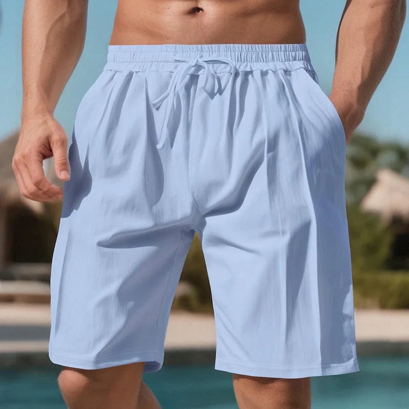 Men Quick Dry Linen Beach Shorts With Drawstring Waist Pockets
