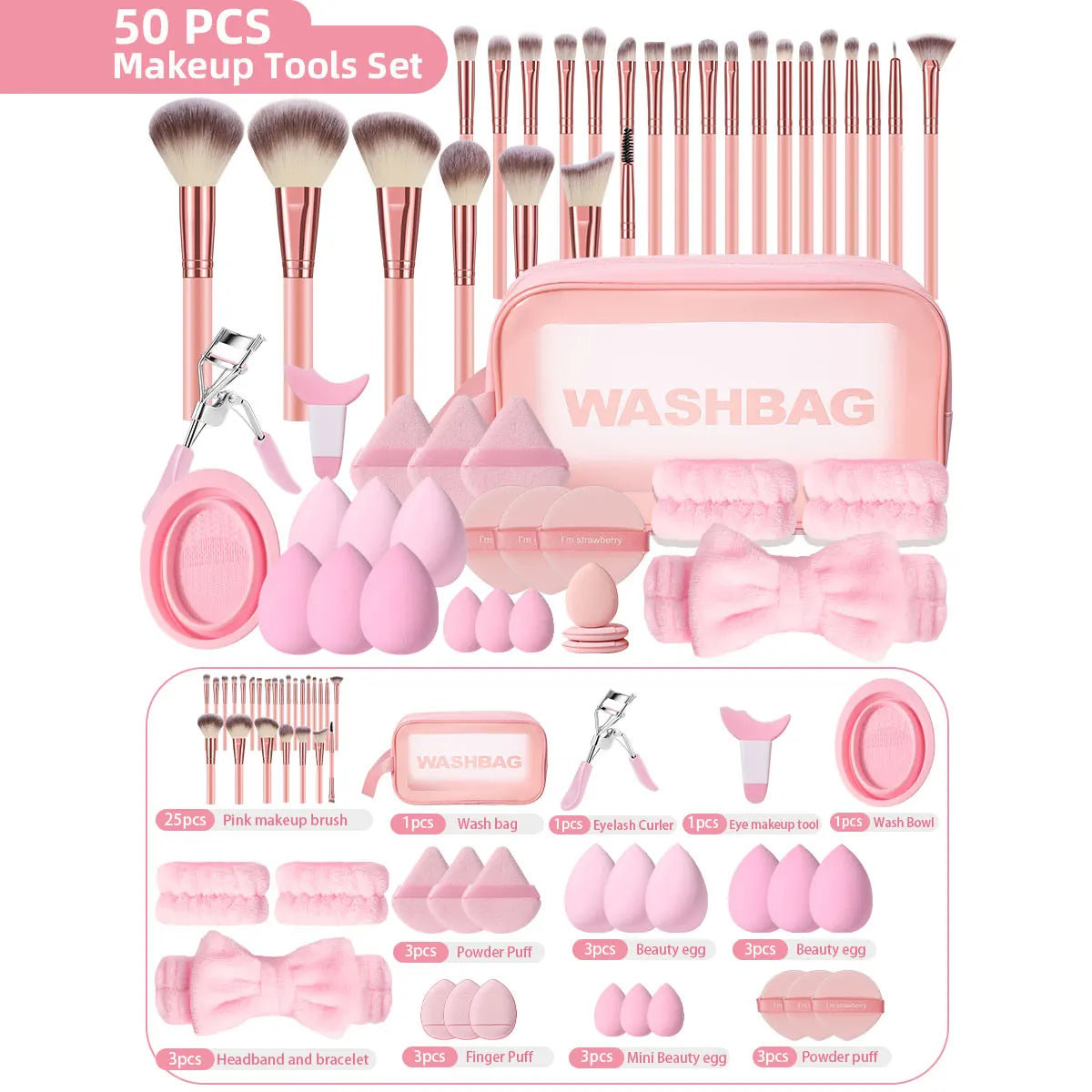 All-in-One 50-Piece Makeup Tools Set with Cosmetic Bag