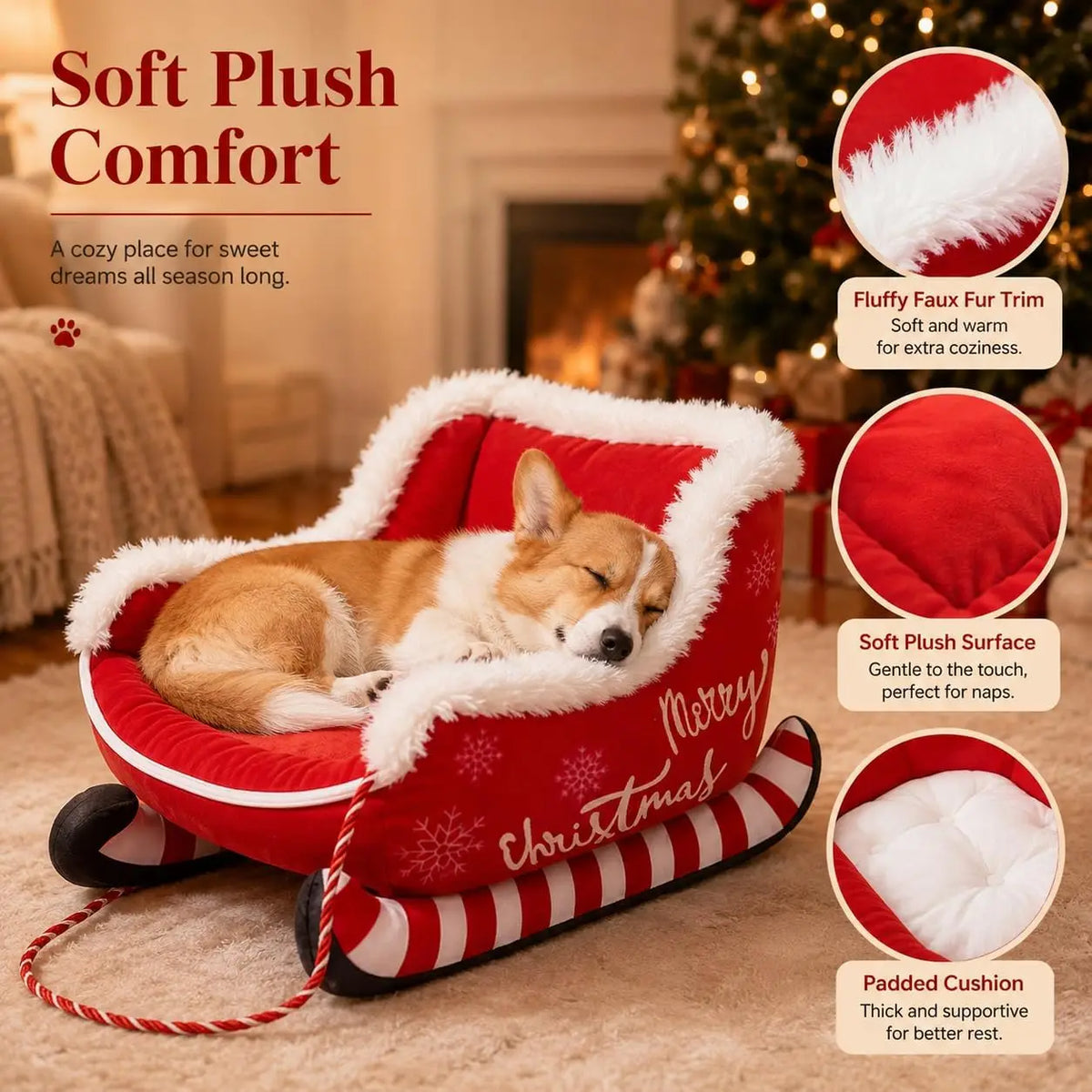 Christmas Dog Bed Sleigh Santa Themed Plush Pet Sofa Washable