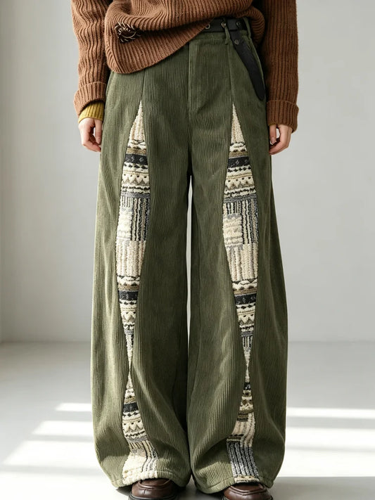 Women's Retro Wide Leg Corduroy Pants With Ethnic Patchwork Design