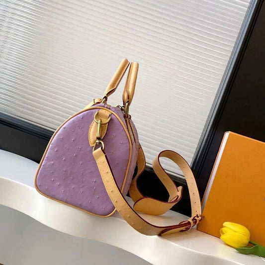 Ostrich Embossed Mini Boston Handbag For Women Genuine Leather