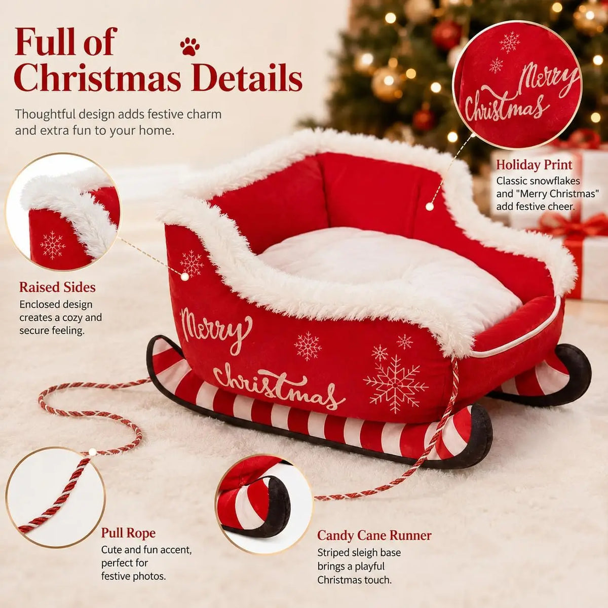 Christmas Dog Bed Sleigh Santa Themed Plush Pet Sofa Washable