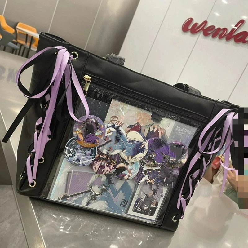 Ulzzang Ita Bag Ribbon Tote For Women Transparent DIY Badge