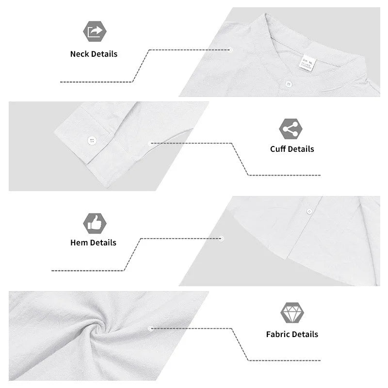 Mens Linen Button Down Shirt With Mandarin Collar Cuffs