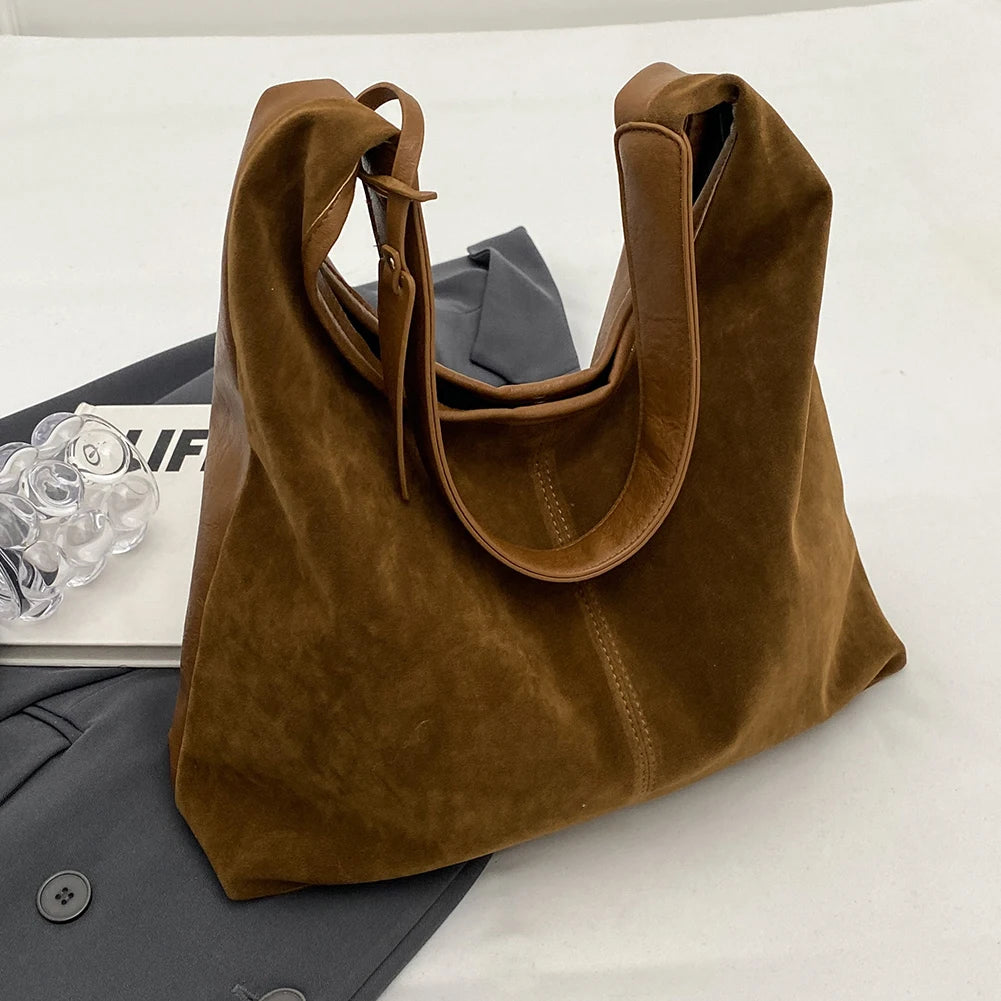Women Suede Tote Bag With Magnetic Closure And Slouchy Retro Shoulder Style
