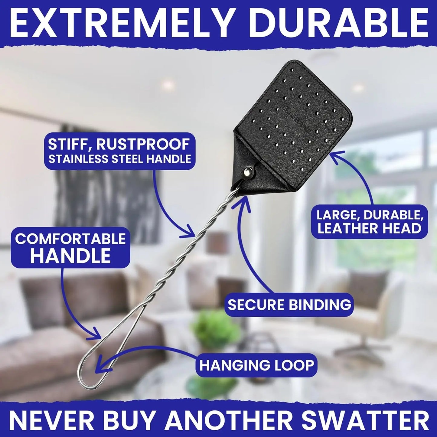 Leather Fly Swatters Heavy Duty Long Handled Twin Pack