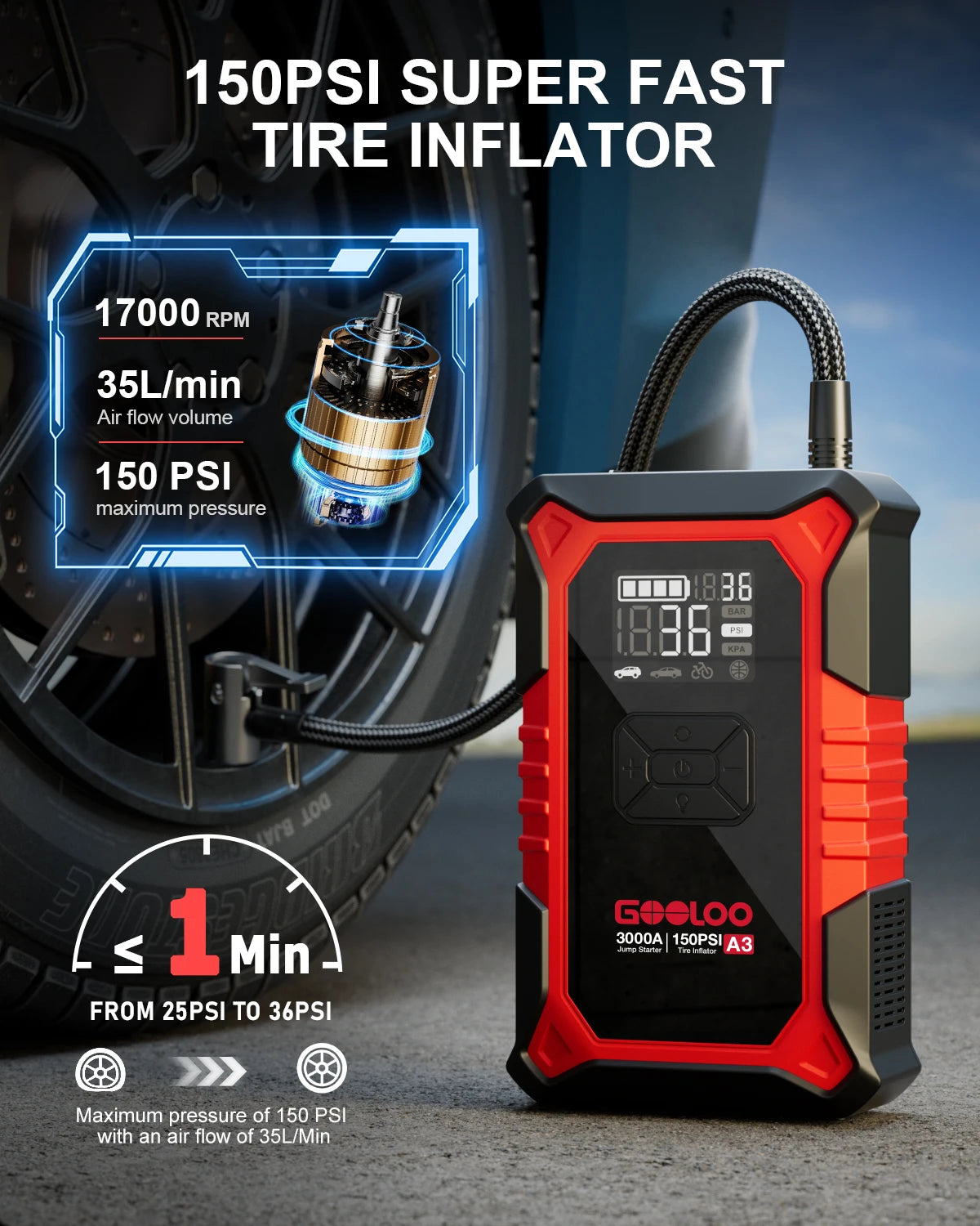 GOOLOO A3 Jump Starter With Air Compressor 3000A Portable