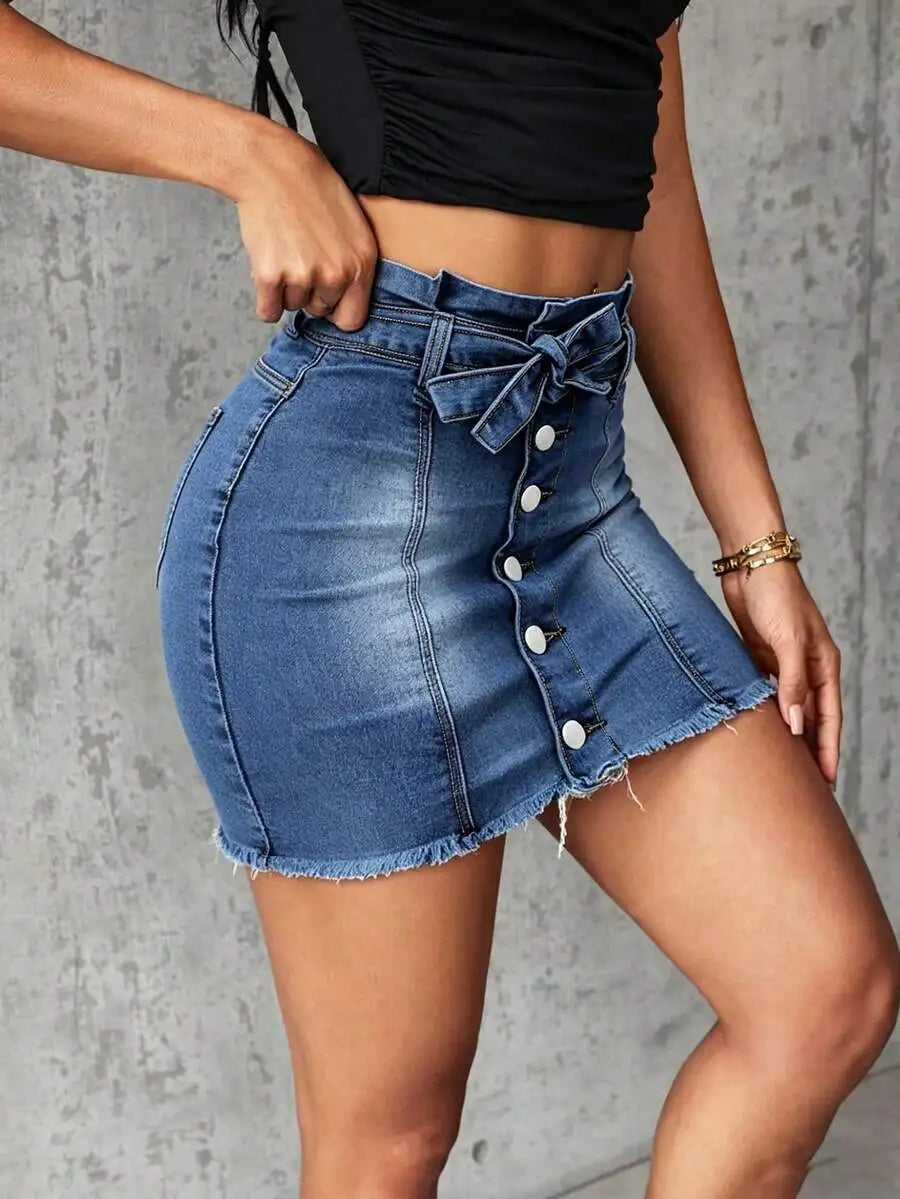 High Waisted Paper Bag Denim Skirt With Button Front