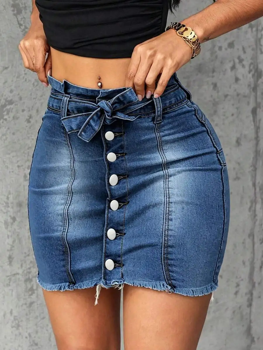 High Waisted Paper Bag Denim Skirt With Button Front
