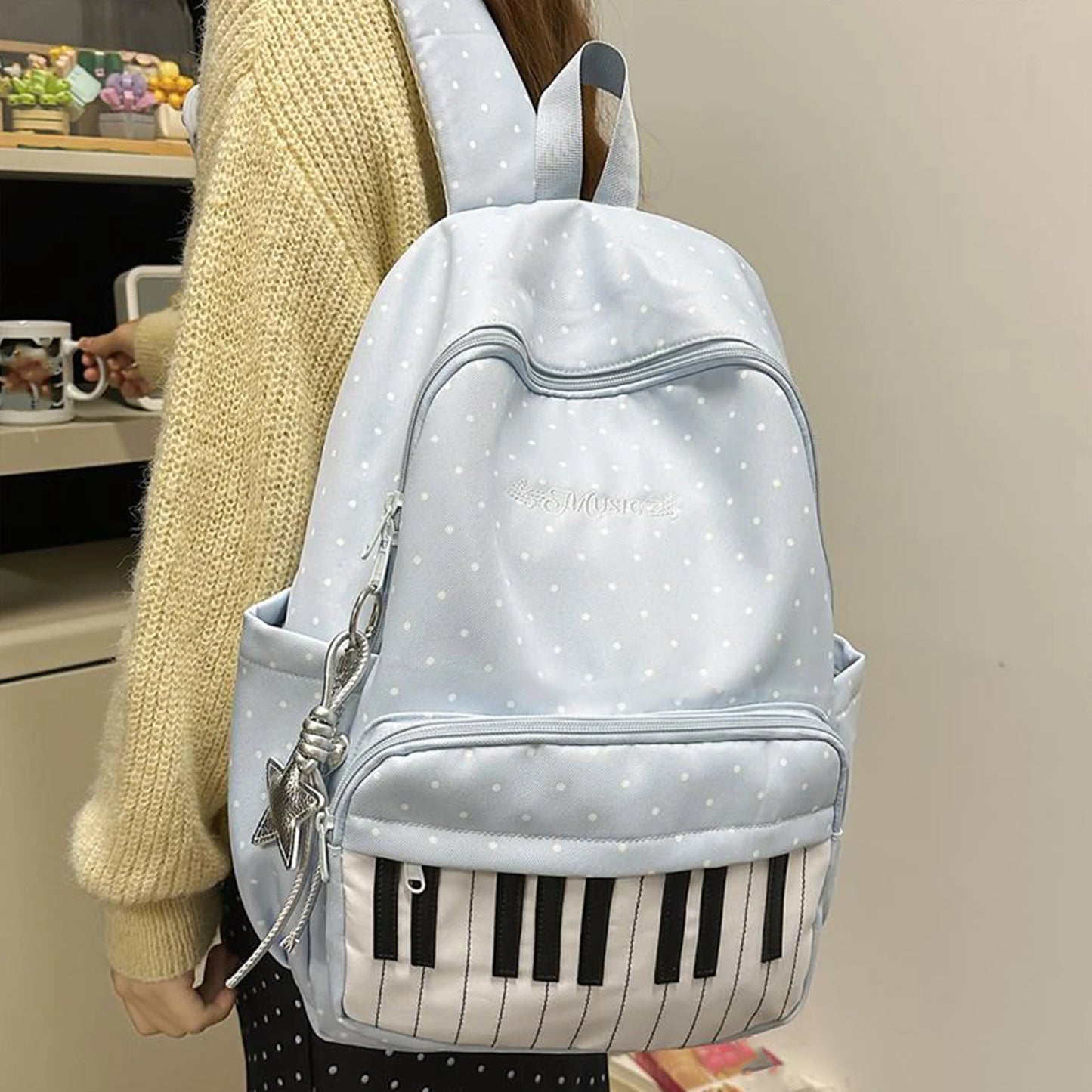 Shunmaii Nylon Polka Dot Piano Key Backpack for Teens