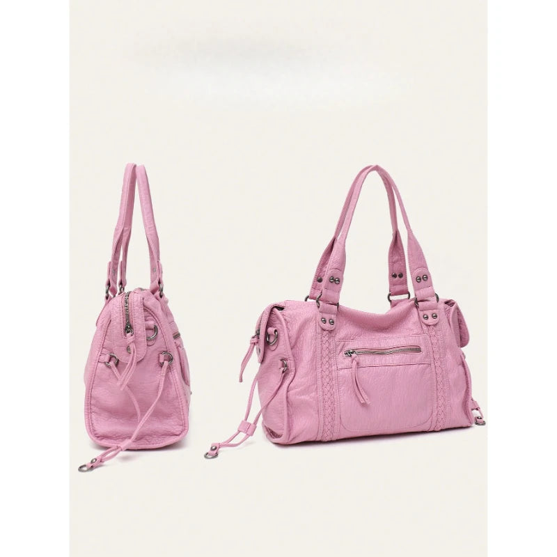 Women Casual Pu Leather Tote Bag With Zipper Pockets Braid Decor