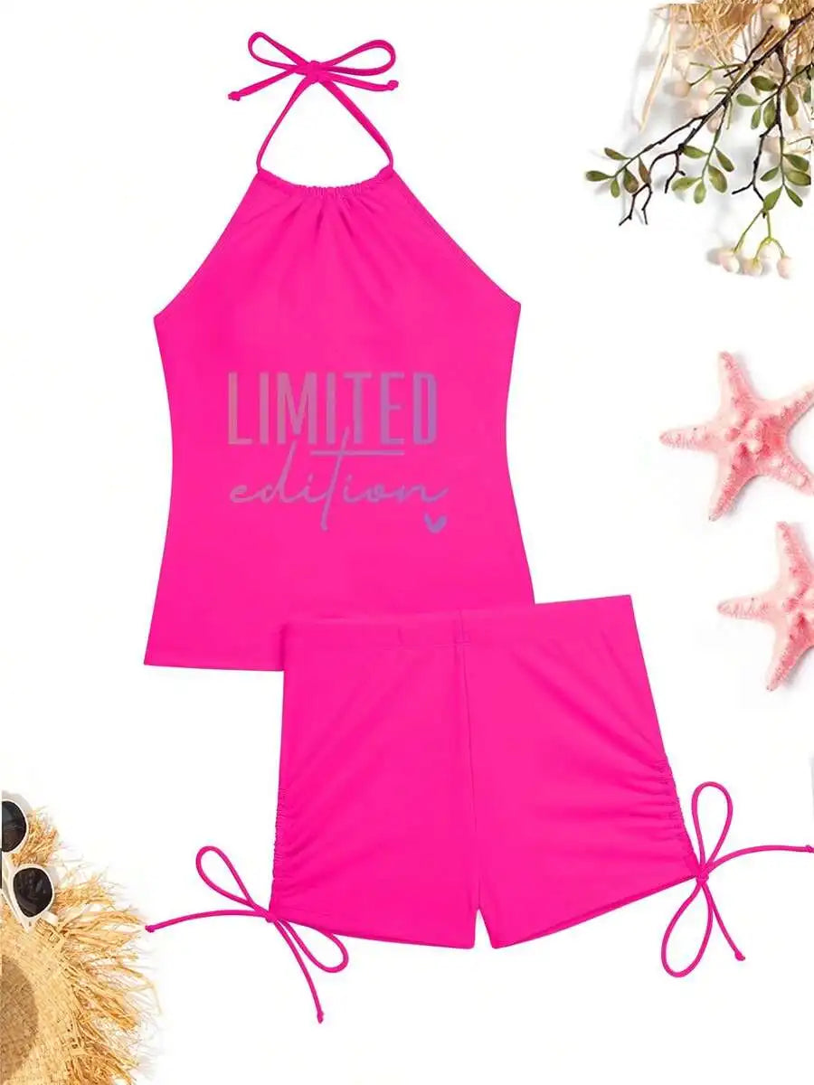 Womens Halter Neck Tankini Set With Drawstring Shorts Modest Swimsuit