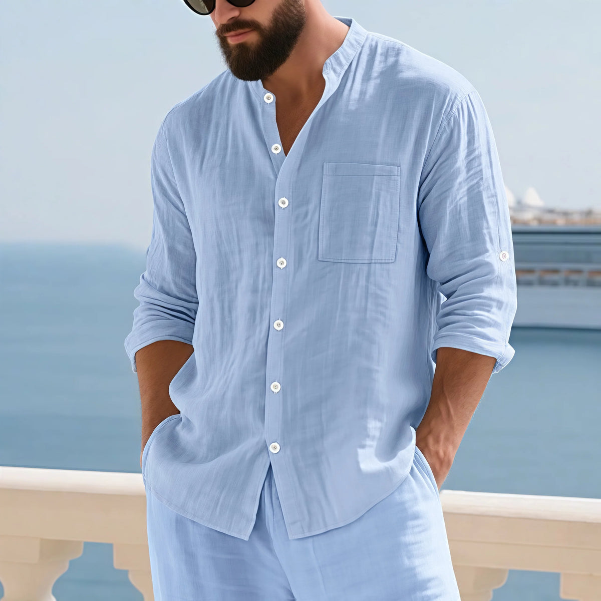 Mens Linen Button Down Shirt With Mandarin Collar Cuffs