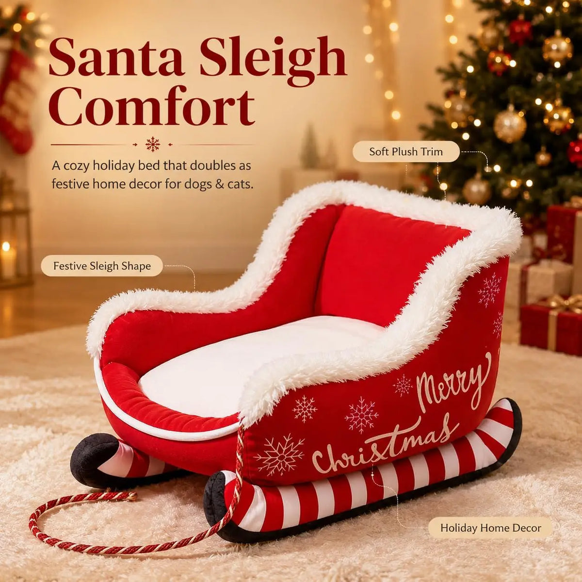 Christmas Dog Bed Sleigh Santa Themed Plush Pet Sofa Washable